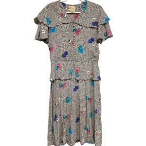 Vintage Darian Floral Printed Peplum Short Sleeve 80s 90s Dress